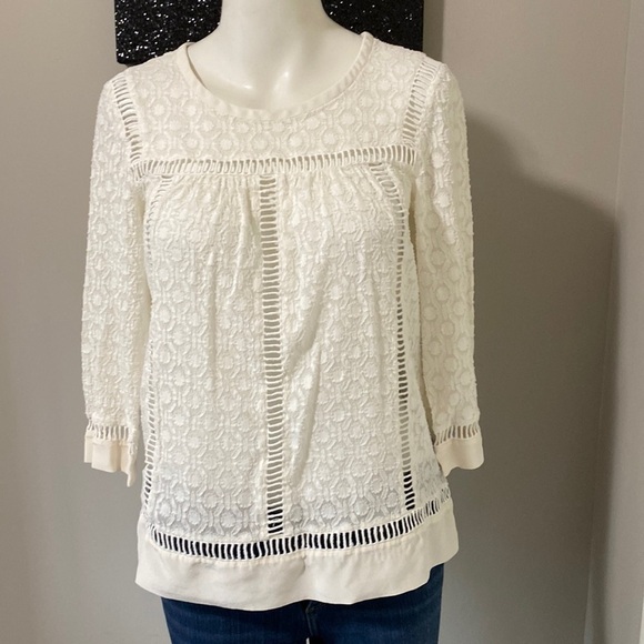 Rebecca Taylor Geo Clip Brocade Top Scoop Neck Shirt Blouse White Sz 4 - Picture 2 of 9